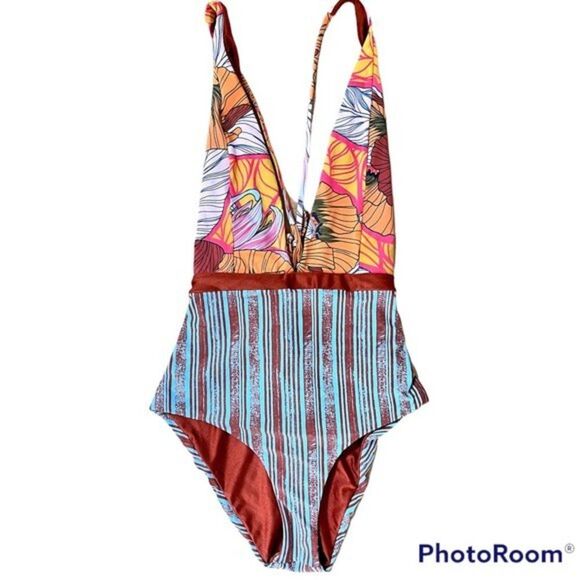 Maaji Rainbow Chromatic Floral Stripe Reversible One Piece Swimsuit S NWOT - Picture 3 of 13